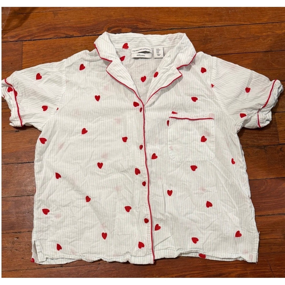 Cupcakes and Cashmere‎ Heart Print Pajama Top White Blue Stripe Cotton Small